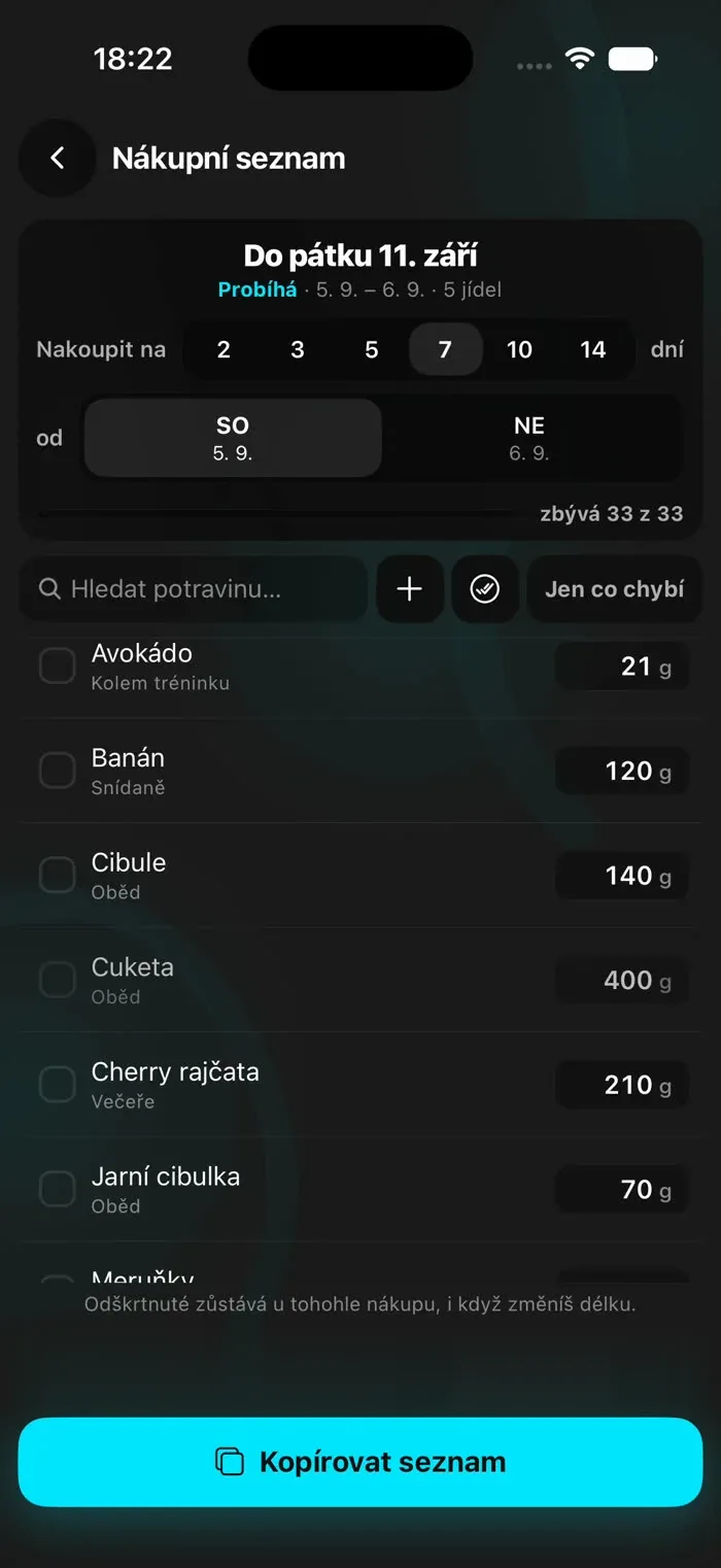 Nákupní seznam v aplikaci s gramážemi na zvolený počet dní